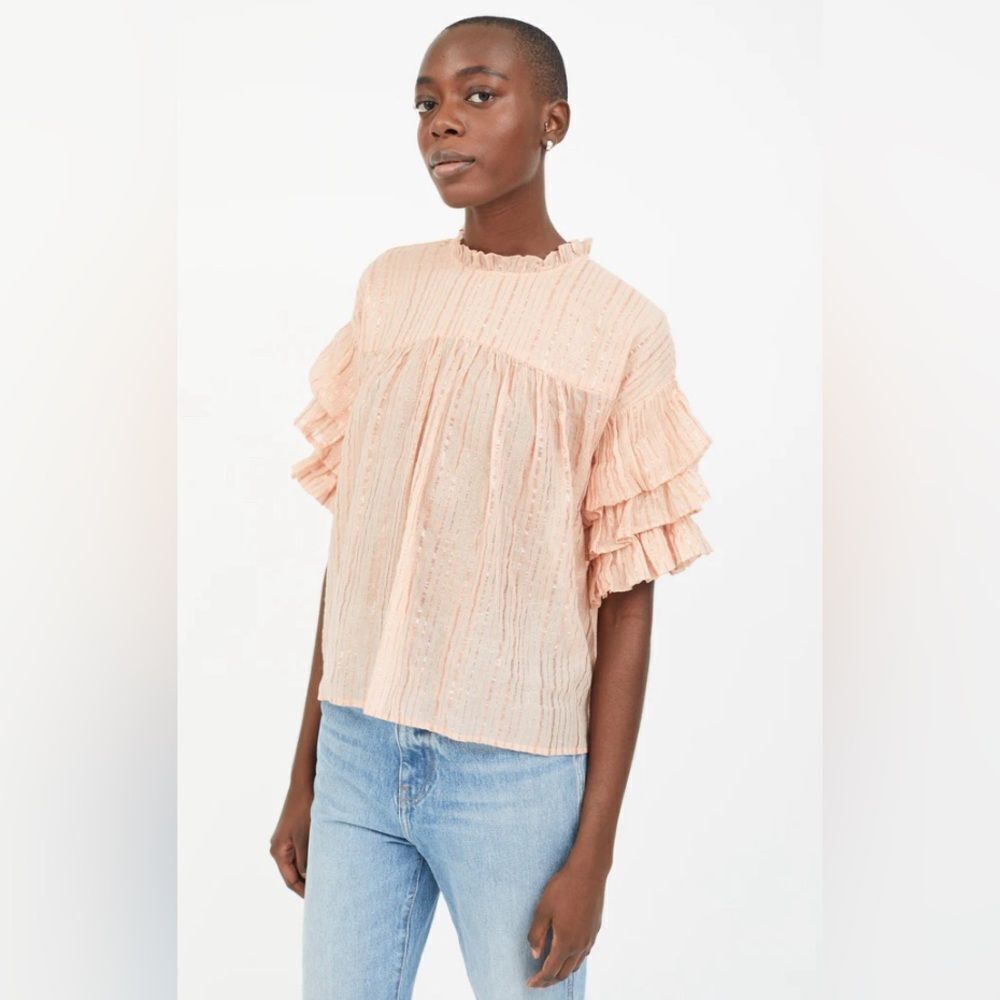 Ulla Johnson Womens Metallic Stripe Short Sleeve Ruffle Top Blouse Peach Size 2